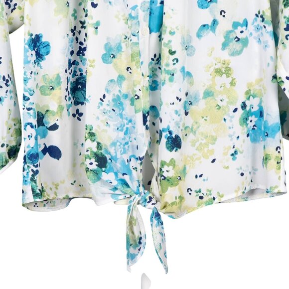 Cato Floral Blouse M Womens New Print Button Up Tie 3/4 Sleeve White Blue Green - Picture 4 of 7